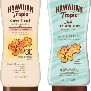 Hawaiian Tropic SPF 30 Broad Spectrum Sunscreen and After Sun Pack with 8oz Sheer Touch Moisturizing Sunscreen Lotion and 6oz Silk Hydration Weightless After Sun Lotion
