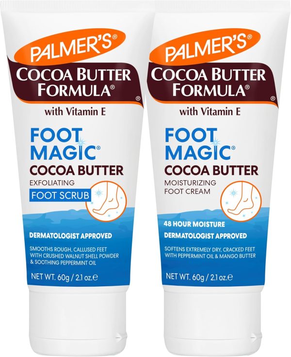 Palmer's Cocoa Butter Formula Foot Magic Bundle, Exfoliating Foot Scrub and Moisturizing Foot Cream for Dry, Cracked Heels (2 x 2.1 oz Tubes)