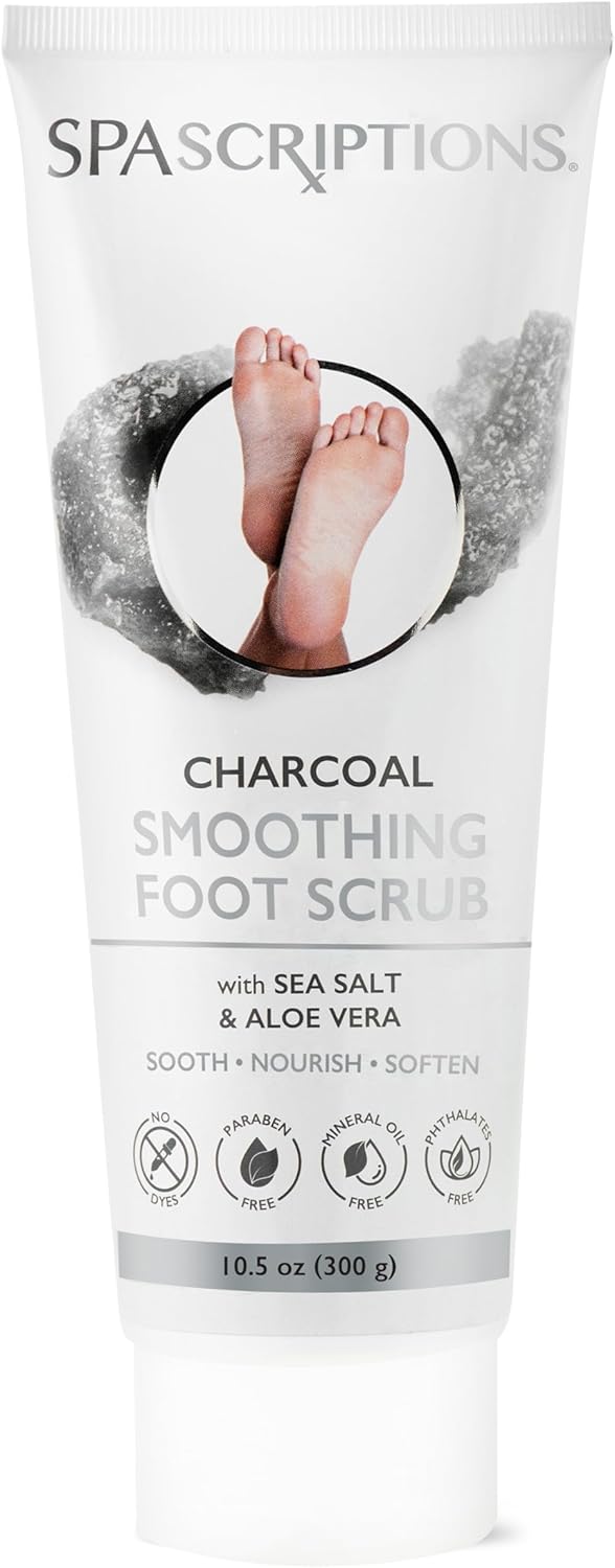 Spascriptions Charcoal Smoothing Foot Scrub with Sea Salt & Aloe Vera, Exfoliating Wash for Dry, Cracked Feet and Heels, Dead Skin and Callus Remover for Soft and Renewed Feet, 10.5 oz