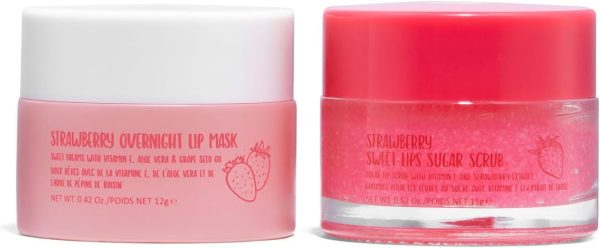 W7 Sweet Dreams Lip Scrub & Overnight Lip Mask Duo - 2Pcs Set - Strawberry Flavour - Exfoliate, Condition, Soothe & Hydrate